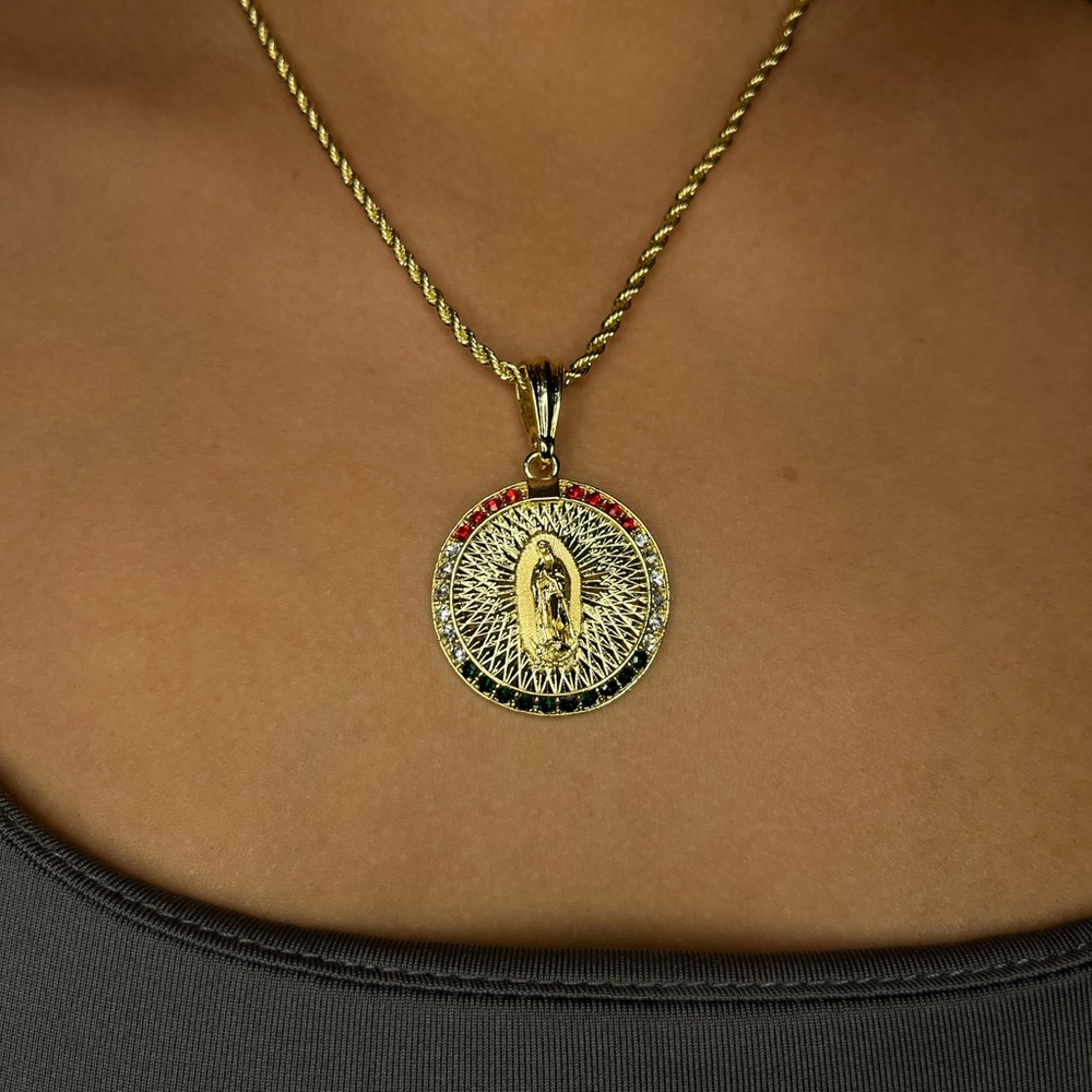 Brand new gold Virgin Mary necklace with colored stones.